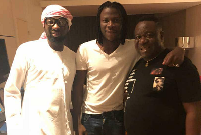 The Chairman of Afro-Arab Group of Companies, Alhaji Abdul Salamu Amadu (left) with Stonebwoy (middle) and Nigerian actor Mr Ibu,
