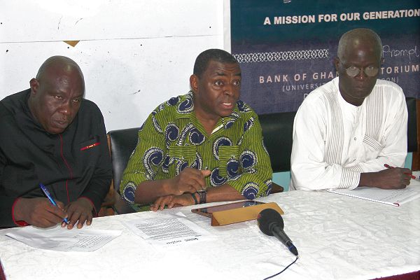 Nii Armah Akomfrah (middle) addressing the media. Those with him are Dr Danaa Nantogmah (left) and Mr Joomaay Ndongo Foye (right). Picture: EDNA ADU-SERWAA