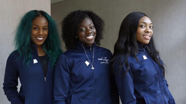 Members of the Nigerian Olympic women's bobsled team, from left, Akuoma Omeoga, Seun Adigun and Ngozi Onwumere