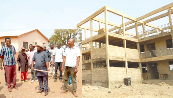 The abandoned two-storey 24-unit classroom complex of the Zorko Senior High School. INSET: Mr Peter Ayinbisa Ayamga (with a pickaxe in hand), the DCE for Bongo, cutting the sod for the construction of the 3-unit classroom block