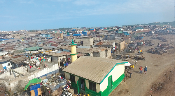 An aerial view of a slum at Agbogbloshie in Accra
