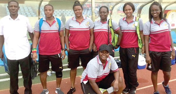 Black Maidens head coach Evans Adotey (left) poses with his backroom staff after yesterday’s win