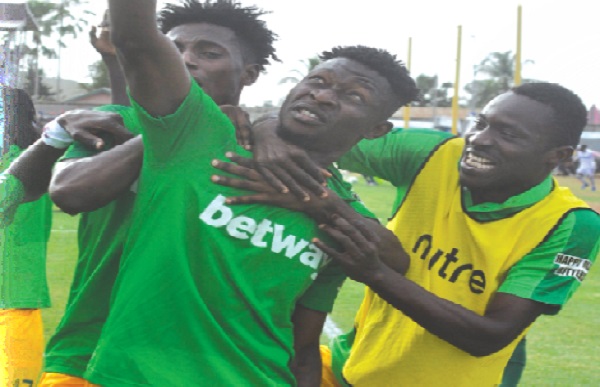Aduana Stars’ Derrick Sasraku (with raised hand celebrating his winning goal with teammates.  Picture: Oscar  Mohammed (Courtesy: FAB Energy Drink)