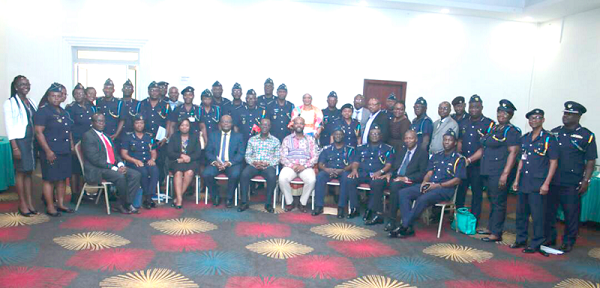Mr Christian Sottie (seated 5th left) Technical Adviser to the Commissioner General of Customs Division of GRA, and Mr Geoffrey Nyarko-Cole of CTN - Ghana (seated 6th left) with service commanders after the stakeholder engagement 