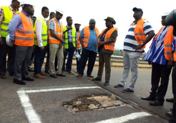  FLASHBACK: Mr Amoako-Atta (3rd right) being conducted round some damaged portions of the bridge