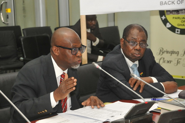 Mr Ashim Morton (left) before the committee. With him is Ambassador Victor Gbeho, the Chairman of the foundation