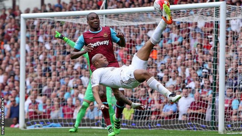 One of Andre Ayew's 15 goals for Swansea in his debut Premier League season included a spectacular overhead kick against West Ham