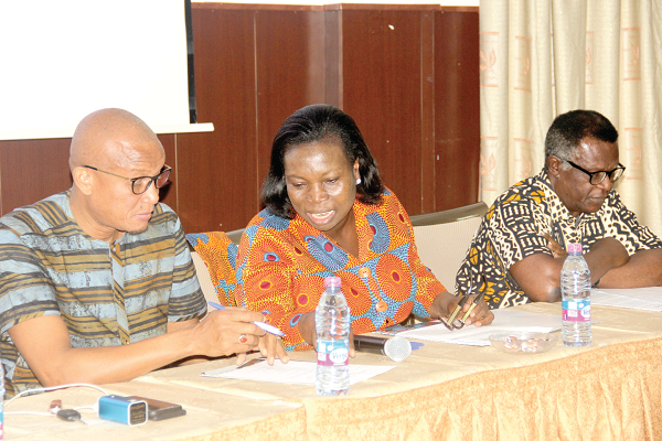 Ms Elizabeth Efua Essel (middle), acting Director, ISD, explaining a point to Mr Mustapha Abdul-Hamid during the retreat. With them is Mr Divine Kwapong (right), a former acting Director, ISD