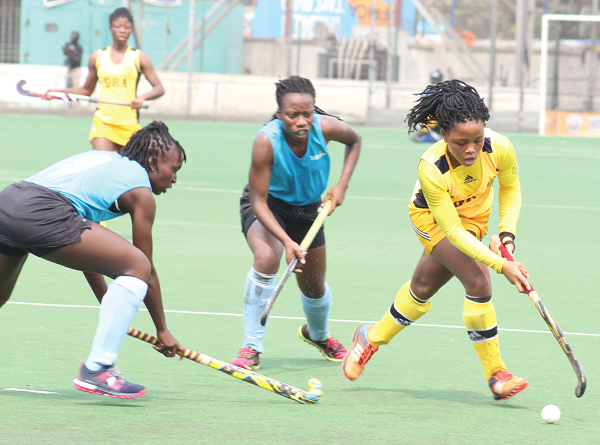 GRA striker, Vivian Narkuor (right), controls the ball after beating her markers during their epic match against defending champions, Telekom Orange. Picture: Benedict Obuobi