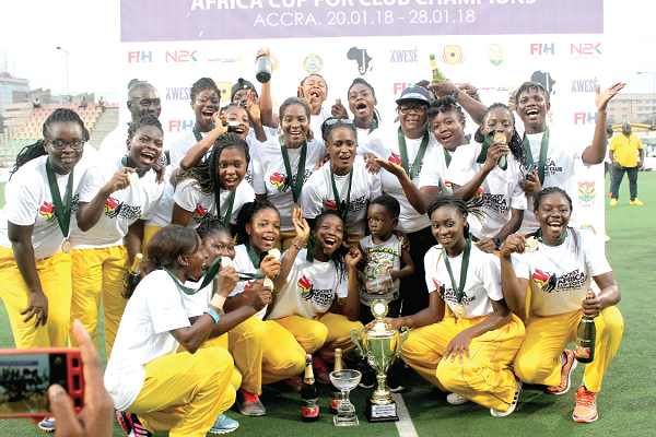 Players of GRA Ladies pose with their medals and trophies after their victory over defending champions, Telkom Orange of Kenya last Saturday