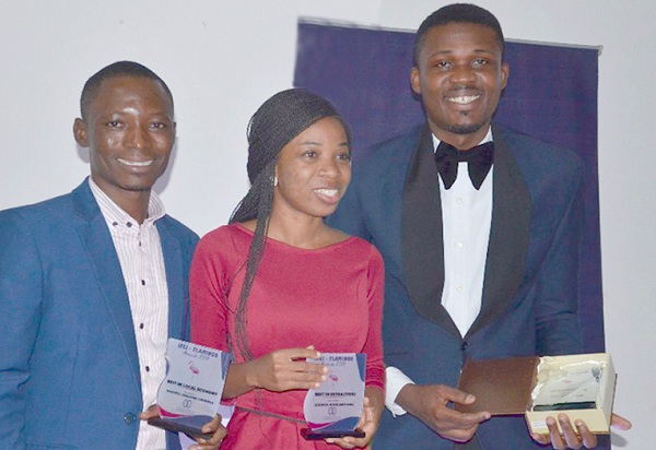 From Left: Mr Maxwell Akalaare Adombila, Ms Jessica Acheampong and Mr Emmanuel Bruce with their awards. 