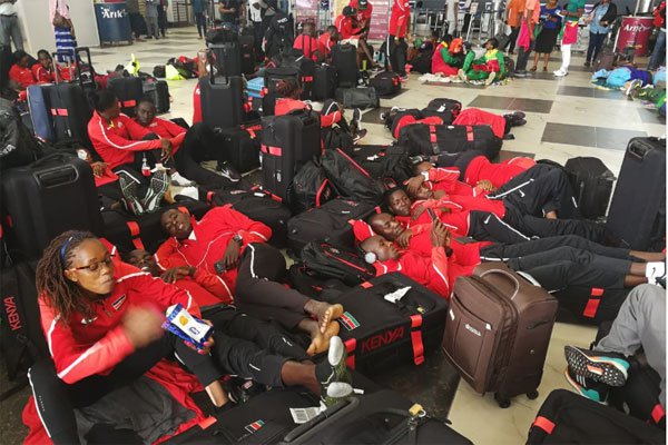 Members of the Kenyan team to African Athletics Championships in Asaba, stranded at Lagos' Murtala Mohammed International Airport on July 31, 2018.Members of the Kenyan team to African Athletics Championships in Asaba, stranded at Lagos' Murtala Mohammed International Airport on July 31, 2018.