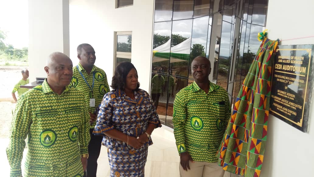 Justice Jones Dotse(left), UHAS council chairman, Mrs Caroline Otoo, BoG Secretary and Prof. Gyapong (right), UHAS Vice Chancellor at the unveiling of the Gh¢8 million auditorium