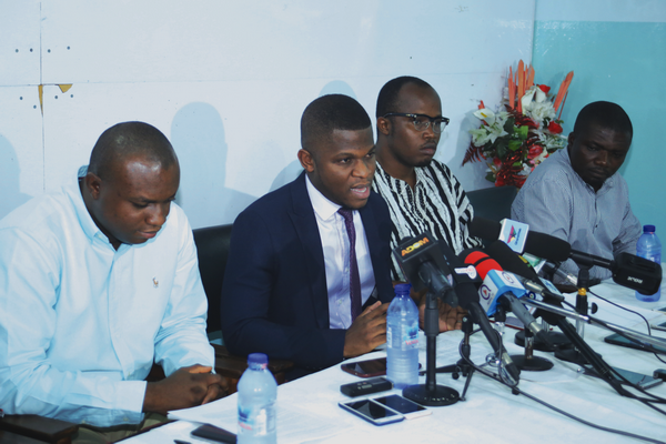 Mr Sammy Gyamfi (2nd left), the Convener of the Coalition for Social Justice, addressing a press conference in Accra. Those with him are Mr Roger Gyamfi  (left), Mr Abass Nurudeen (3rd left) and Mr Frank Pedro-Asare, all members of the coalition. 