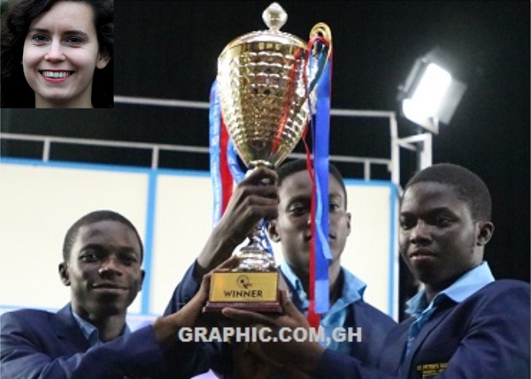 St. Peter*s SHS winners of the 2018 NSMQ. INSET: Nadia Pedersen, Intern.
