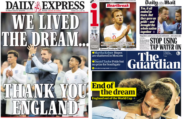 A collection of front pages after England loses to Croatia in the World Cup.