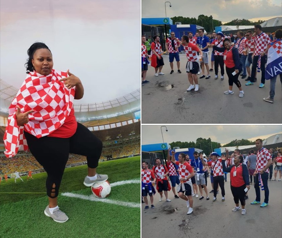Senator Millicent Omanga, Mama Miradi pictured with Croatia fans before the semi-final match against England.