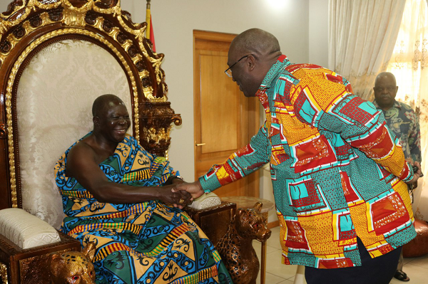 Asantehene, Otumfuo Osei Tutu II (seated), welcoming Mr Joe Ghartey, the Minister  for Railways Development , when he led a Chinese delegation to  the Manhyia Palace in Kumasi, as the ministry prepares to restore the railway lines connecting the Ashanti and the Northern  part of Ghana. 
