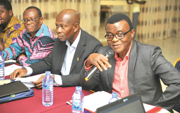 Professor Baffour Agyeman-Duah delivering the opening remarks at the workshop.  With him are Dr Yaw Osei-Owusu (middle), Chairman of the Advocacy for Biodiversity Offsetting Group (ABOG), and Professor Emmanuel Morgan Attua, Vice Chairman of ABOG 