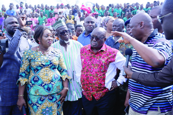 The contractor (right) briefing President Akufo-Addo on the project at Bongo in the Upper East Region. Looking on is Mrs Hawa Koomson (left), Minister of Special Initiatives. INSET: The site for the One-village One-dam. Pictures: SAMUEL TEI ADANO