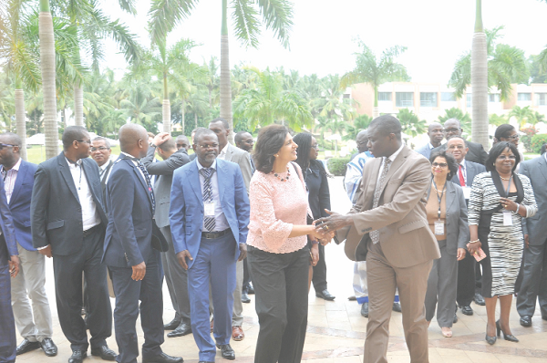 Mr Kwaku Kwarteng, a Deputy Minister of Finance, exchanging pleasantries with Ms Monica Bhatia, Head of the Global Forum Secretariat, after the opening session of the meeting while some of the participants look on. Picture: EBOW HANSON