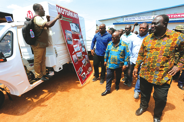 President Nana Addo Dankwa Akufo-Addo and Mr Alan Kyerematen (right), the Minister of Trade and Industry, inspecting some of the Motorking converted into mini ambulances