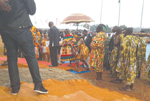 Otumfuo Osei Tutu II (arrowed) arriving at the anniversary grounds