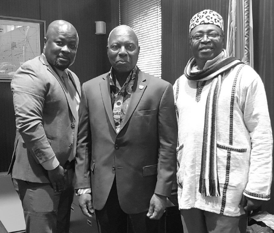 Kwame Addo (left) and David Dontoh (right) with Ambassador Dr Barfour Adjei-Barwuah during a recent visit to Washington DC for the Vodafone Cash Agrofie shoot.