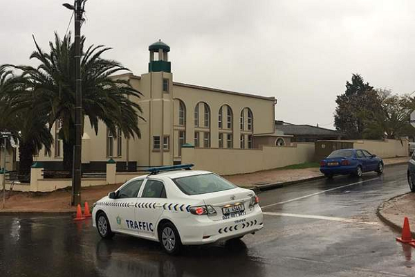 Police outside the mosque in Malmesbury, Western Cape
