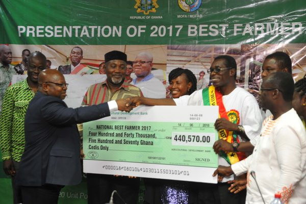 Dr John Kofi Mensah (left), Managing Director, ADB, presenting the dummy cheque for the amount to Mr Philip Kwaku Agyeman, the 2017 National Best Farmer Dr John Kofi Mensah (left), Managing Director, ADB, presenting the dummy cheque for the amount to Mr Philip Kwaku Agyeman, the 2017 National Best Farmer 