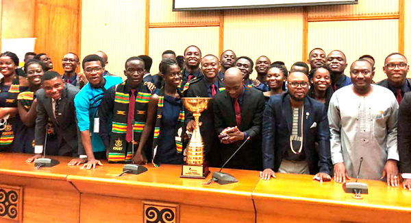 2018 Enactus Ghana competition champions, Team KNUST, with the outgoing Enactus country leader,Mr Baba Sayuti (right) and the current Country leader, Nii Bortey Kofi Frankwa II( second from right) 