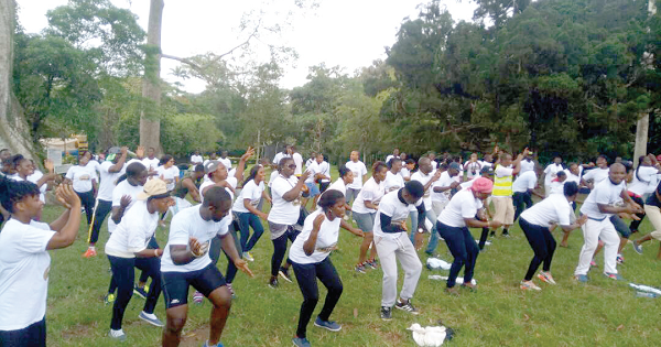 GCNet staff and other stakeholders doing aerobics after the health walk