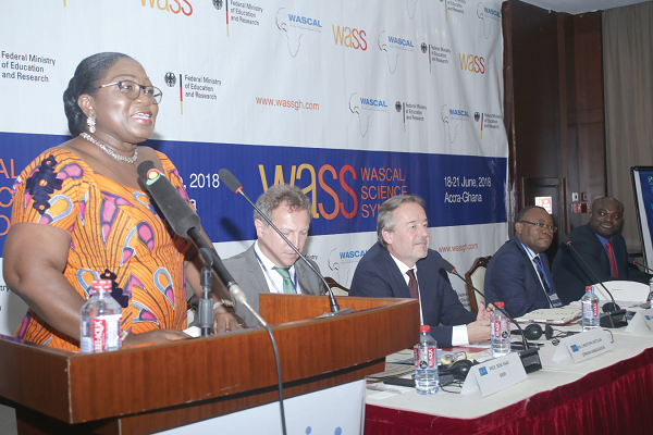  Ms Patricia Appiagye, the Deputy Minister of Environment, Science, Technology and Innovation, addressing participants in the WASCAL Science Symposium in Accra. Picture: GABRIEL AHIABOR