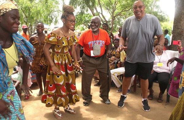 It was dance time as Mr Wright (middle), and his colleagues try the Agbadza dance.