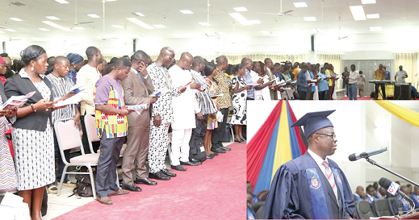  Prof. Joseph Ghartey Ampiah (inset) addressing sandwich students of the university during their matriculation