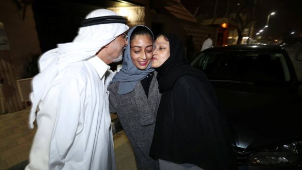 Hannan Iskandar is kissed by her parents after driving legally for the first time in Al Khobar