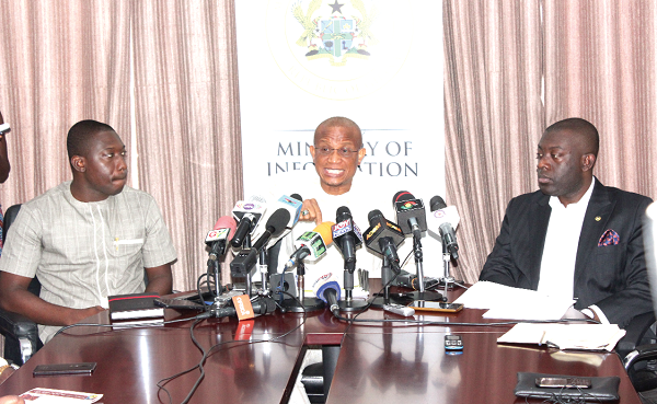 Dr Mustapha Abdul-Hamid (middle), Minister of Information, briefing the press on the dismissal of the three Electoral Commission bosses.