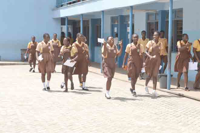 Some students of  the Victory Presbyterian Church School at Fafraha in the Adentan municipality in a jubilant mood after writing their last paper