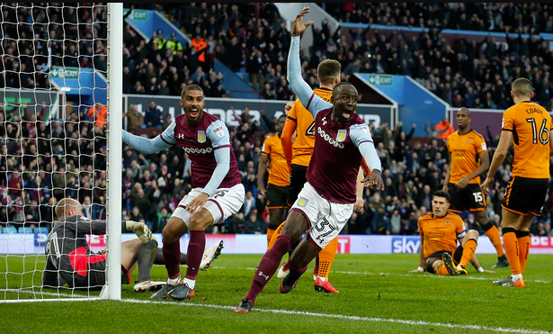 Albert Adomah turns away from the Wolves goal having scored Aston Villa’s opener in the eighth minute. 