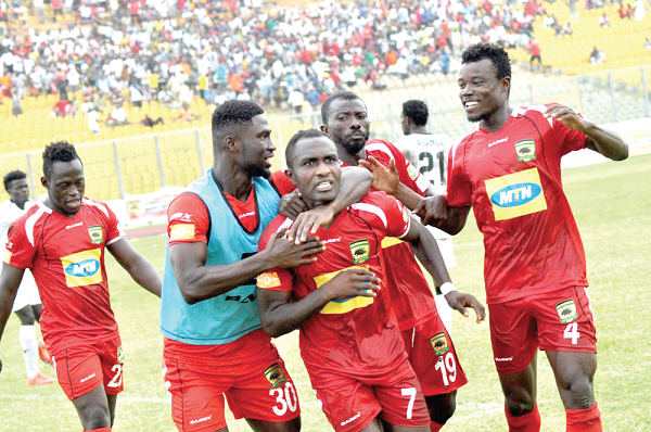  Kotoko’s lone goal hero, Obed Owusu mobbed by his teammates to celebrate his goal. Picture EMMANUEL BAAH