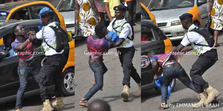 A second-hand cloth seller was captured resisting arrest, after some members of the KMA taskforce pounced on him while hawking in the middle of the road. PICTURES BY EMMANUEL BAAH