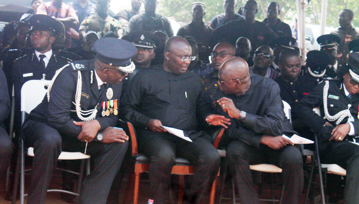 Mr David Asante-Apeatu (left), Vice President Dr Mahamudu Bawumia (2nd left) and Mr Ambrose Dery (3rd left) conferring at the service. Picture: Maxwell Ocloo