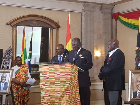 The Asantehene, Otumfuo Osei Tutu II, flanked by Mr George Ayisi Boateng on his right whilst addressing Ghana's 61st Independence Anniversary celebration hosted by the Ghana High Commission in Pretoria, South Africa.