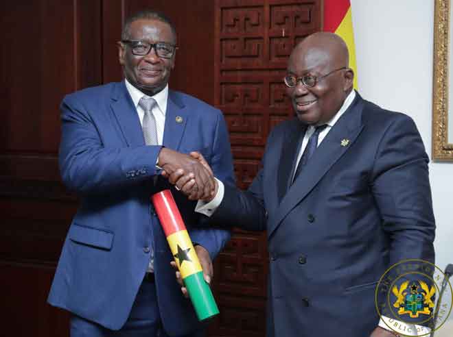 President Akufo-Addo presenting Mr. Frank Okyere, Ghana’s Ambassador to Japan, with his credentials