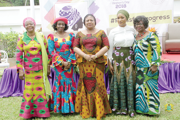 Mrs Rebecca Akufo-Addo, First Lady with the wife of the Vice President, Samira Bawumia (2nd right), former First Lady, Nana Konadu Agyeman Rawlings (2nd left), Madam Fulera Limann (right) and Madam Ramatu Mahama (left)