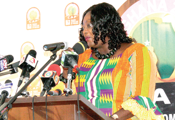 Freda Prempeh, the Chairperson of the Local Organising Committee (LOC), welcoming guests to the launch of the 2018 Africa Women’s Nations Cup (AWCON)