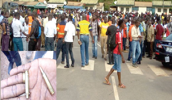 Some of the demonstrating staff of Goldfields. Inset: A worker displaying some pellets fired by the security personnel