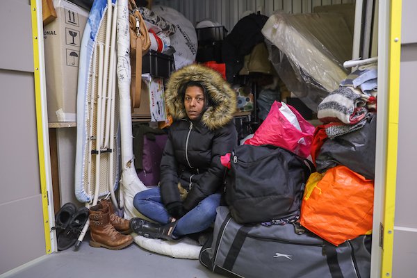 Jule Niles mother of Arsenal first-team football player, Ainsley Maitland-Niles, at a Yellow Storage unit where she has been living since December (Picture: Triangle News)