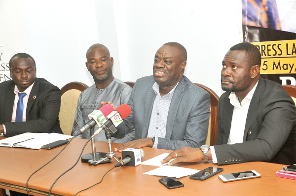 Dr Ibrahim Awal Mohammed (2nd right) addressing the media. Those with him are from right: Mr John Kumah, CEO of National Entrepreneur Innovative Plan (NEIP), Mr Yakubu Yussif, Programme Manager and Mr Dei Daasebre, Director of Finance, Office of the President. 