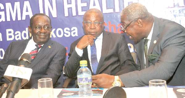 Prof. Agyeman Badu Akosa (right), a past president of the GMA interacting with Dr Kwame Addo Kufour (left) and  Mr Kweku Agyemang-Manu,  Minister of Health